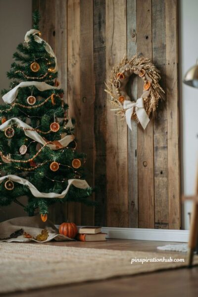 Cozy fall christmas tree base decorated with rustic scarecrows and heirloom pumpkins in a farmhouse living room