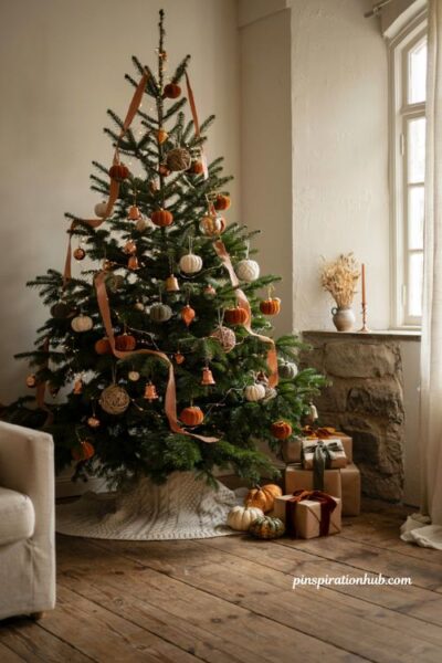 Cozy fall christmas tree decorated with felt and glass mini pumpkin ornaments in a traditional farmhouse living room