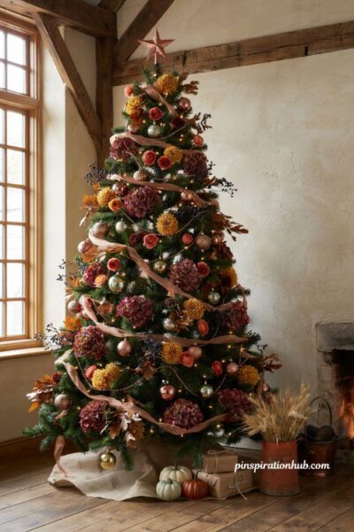 Cozy fall christmas tree with clustered real pinecones and faux acorn groupings in a farmhouse living room