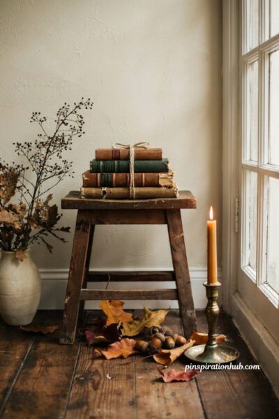Cozy fall corner vignette with twine tied vintage books dried leaves and candlelight by a sunny window