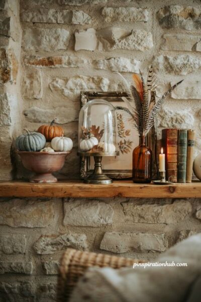 Cozy fall mantel decor with layered pumpkins glass cloche and vintage framed art over a stone fireplace