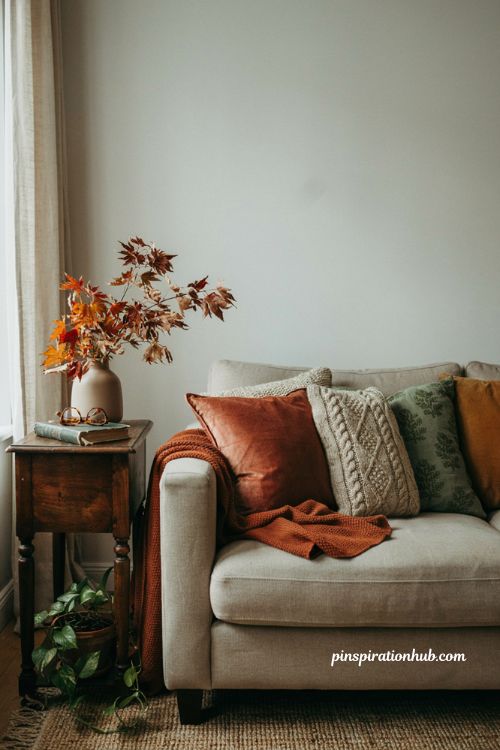 Cozy fall room decor ideas for a neutral living room with warm pillows knit throw and dried leaves
