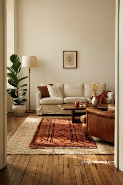 Cozy living room rug layering with rust and chocolate patterned wool rug over jute base