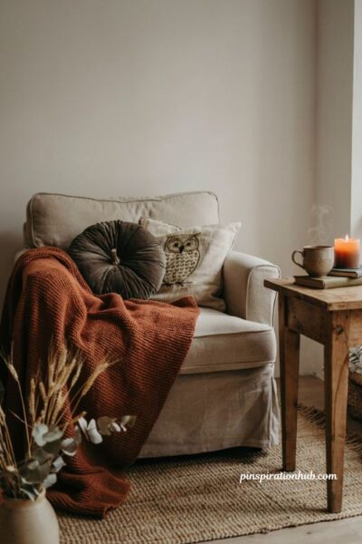 Cozy reading chair with velvet pumpkin pillow and chunky knit blanket for subtle halloween decor