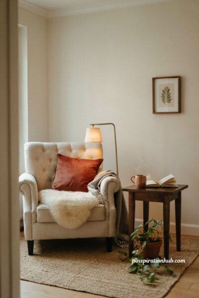 Cozy reading corner chair layered with faux sheepskin throw blanket and terracotta velvet pillow for fall room decor