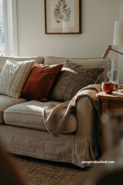 Cozy textured throw pillow covers in cable knit velvet and tweed on a linen sofa for elevated fall decor