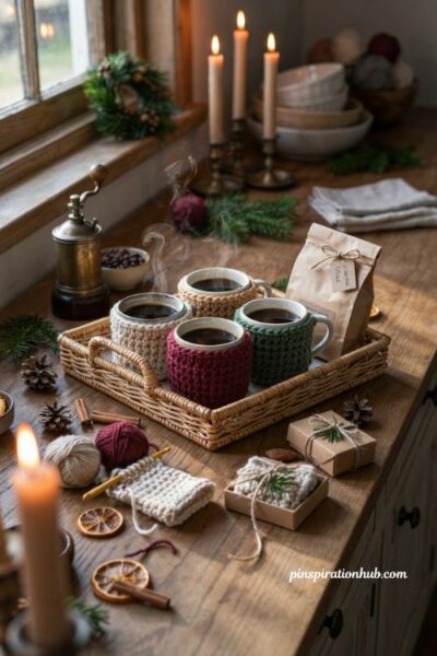 Crochet coffee cup cozy handmade Christmas gift ideas with cozy diy coffee lover gifts