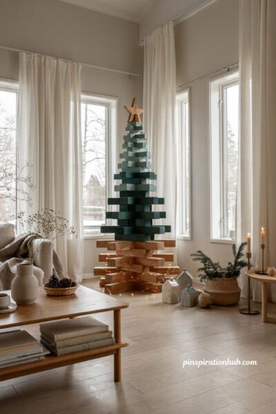 DIY Jenga block geometric Christmas tree for modern Scandinavian holiday decor