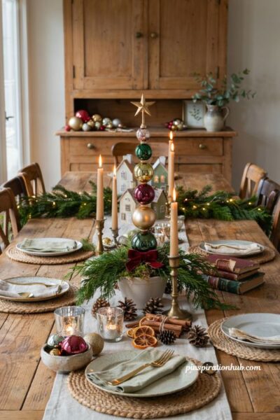 DIY ornament topiary centerpiece made from Dollar Tree Christmas ornaments