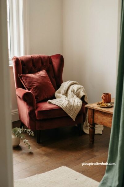 Deep burgundy velvet pillow and chunky knit throw on a cozy living room chair for plush fall decor