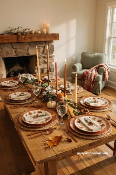 Detailed fall-themed dining table setting with copper chargers and leaf-patterned plates