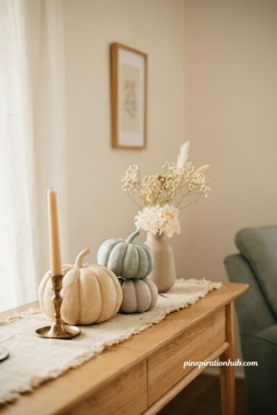Diy baking soda painted pumpkins with plaster texture in cream sage and gray for fall home decor