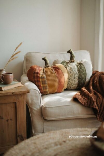 Diy handsewn patchwork pumpkin pillows made from fabric scraps on a cozy armchair for fall decor