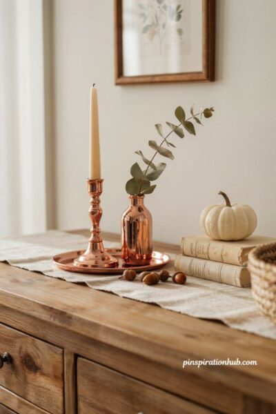 Diy metallic copper spray painted candle holders and tray on a rustic wooden entryway table for fall decor