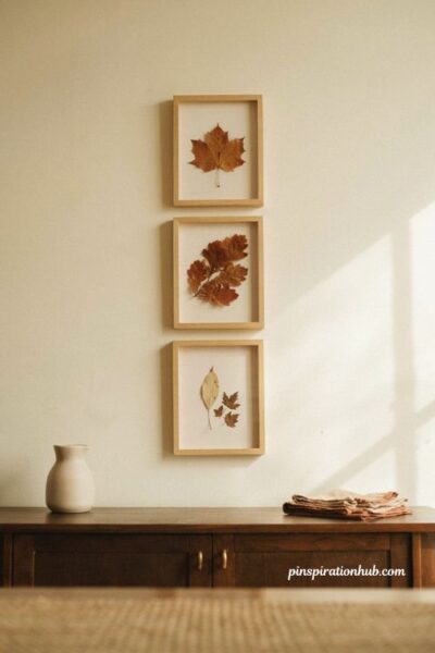 Diy pressed fall leaf wall art framed on ivory cardstock on a gallery wall for autumn home decor