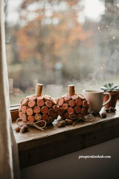 Diy wine cork pumpkins painted orange on a rustic wooden windowsill for autumn home decor