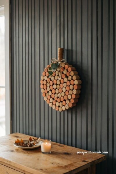 Diy wine cork wreath painted like a rustic pumpkin for autumn interior wall decor