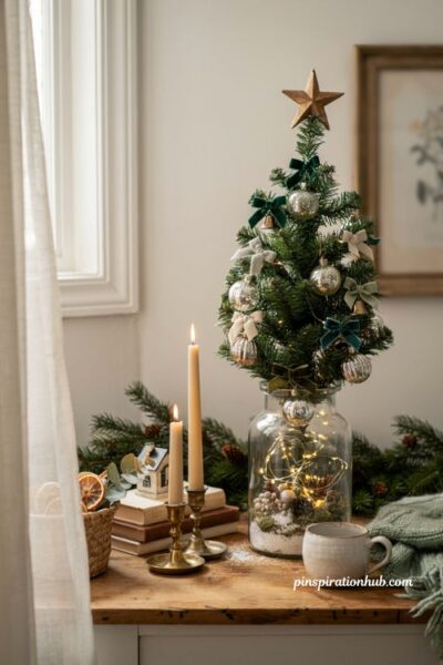 Dollar Tree mini Christmas tree inside a decorative glass jar with cozy holiday styling