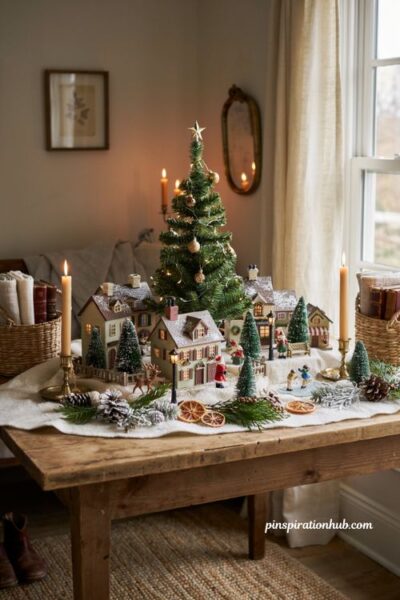 Dollar Tree mini Christmas tree village with dollhouse houses and snowy holiday display