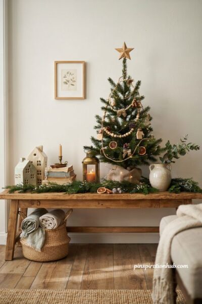 Dollar Tree mini Christmas tree with wood bead garland for cozy farmhouse holiday decor