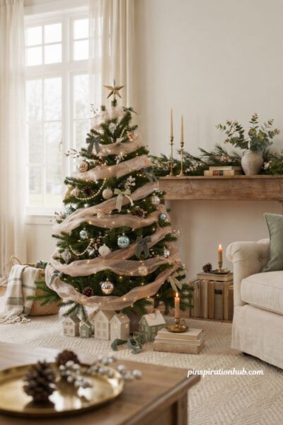 Dollar Tree mini Christmas tree wrapped in glitter tulle for elegant holiday sparkle