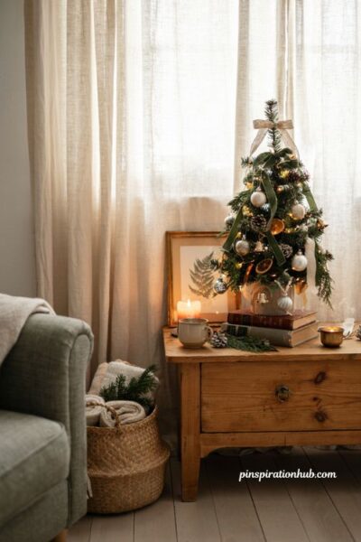 Dollar Tree mini tabletop Christmas tree decorating idea for small spaces
