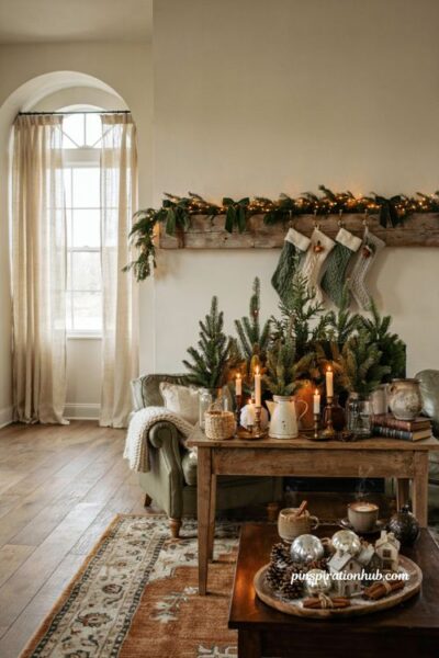Dollar tree mini Christmas tree ideas with cozy farmhouse holiday styling