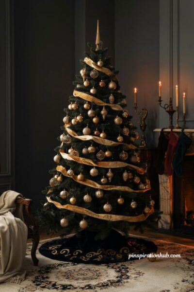 Dramatic black christmas tree with elegant warm gold velvet ribbon and antique gold ornaments in a formal parlor