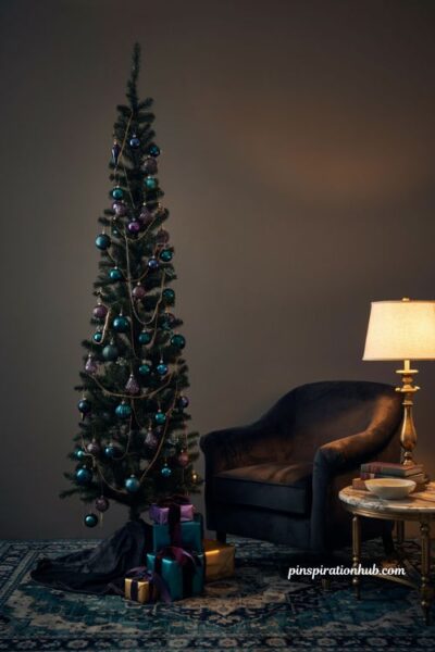 Dramatic narrow black christmas tree decorated with opulent peacock jewel tones and metallic gold accents in a glamorous living room corner