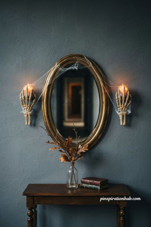 Dramatically lit skeleton hand wall sconces and mirror halloween entryway decor
