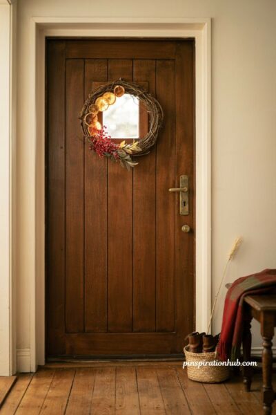 Dried citrus and red berry wreath on a dark wood front door for warm rustic autumn entryway decor