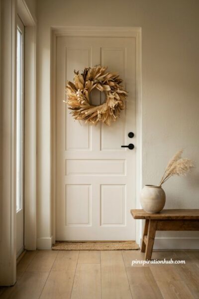 Dried corn husk wreath on white front door modern farmhouse entryway decor unique fall wreath ideas