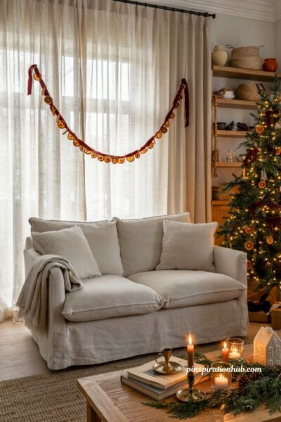 Dried orange garland christmas wall decor with velvet ribbon and cozy holiday living room