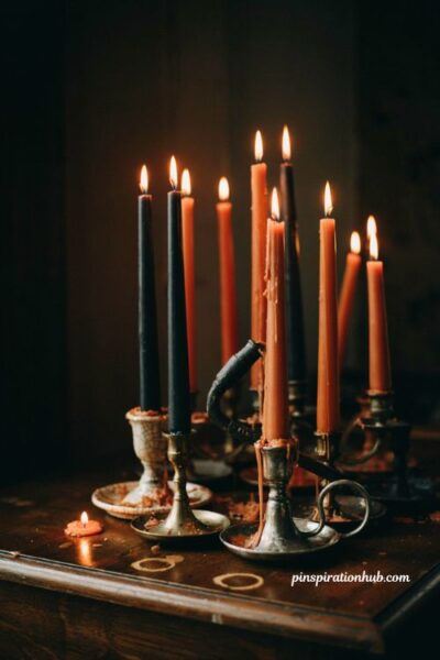 Drippy black and orange taper candles in mismatched holders on a moody gothic mantel