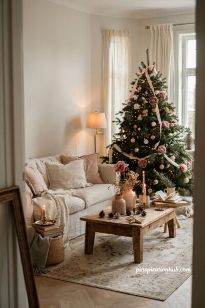 Dusty pink and sage christmas living room color scheme ideas