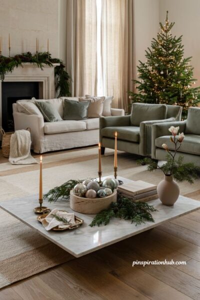 Elegant christmas living room coffee table centerpiece with ornaments and candlelight