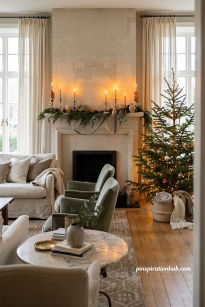 Elegant christmas living room mantel with cedar garland and glowing candlelight
