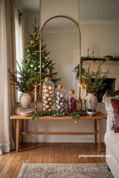Elegant christmas living room with apothecary jars filled with holiday ornaments