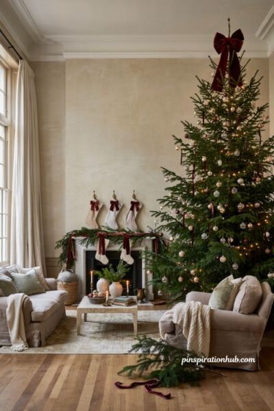 Elegant christmas living room with cranberry velvet ribbons and festive holiday bows