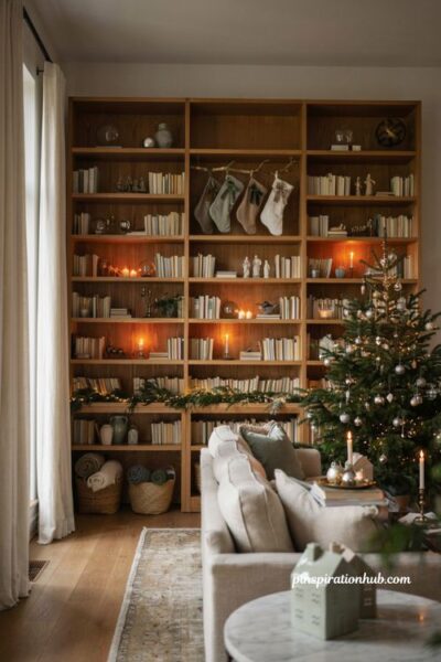 Elegant christmas living room with decorated built in bookshelves and festive holiday styling