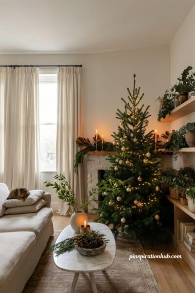 Elegant christmas living room with fresh cedar eucalyptus and natural holiday greenery