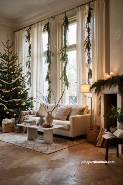 Elegant christmas living room with garland wrapped curtain rods and glowing fairy lights