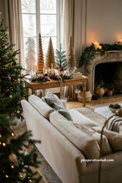 Elegant christmas living room with handmade tabletop christmas tree display on console table