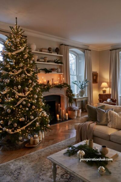 Elegant christmas living room with layered ambient lighting and warm holiday glow