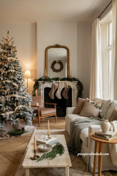 Elegant christmas living room with luxury tree and timeless holiday decor