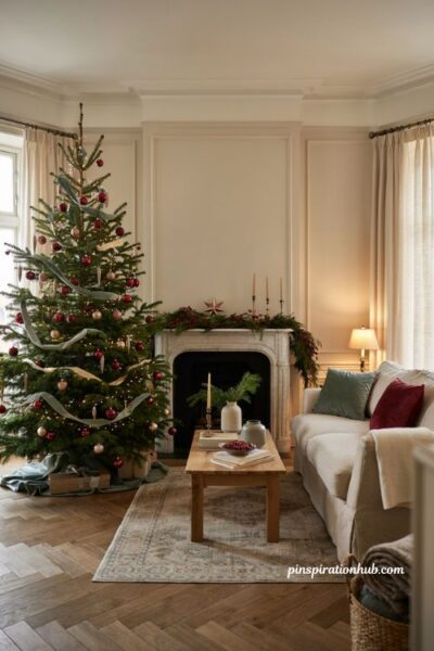 Elegant christmas living room with sage green and cranberry holiday decor