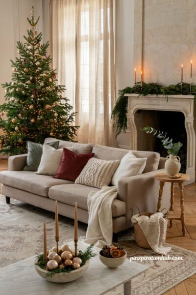 Elegant christmas living room with sage velvet and cranberry holiday pillow covers