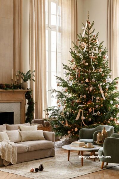 Elegant christmas living room with statement christmas tree and warm white lights