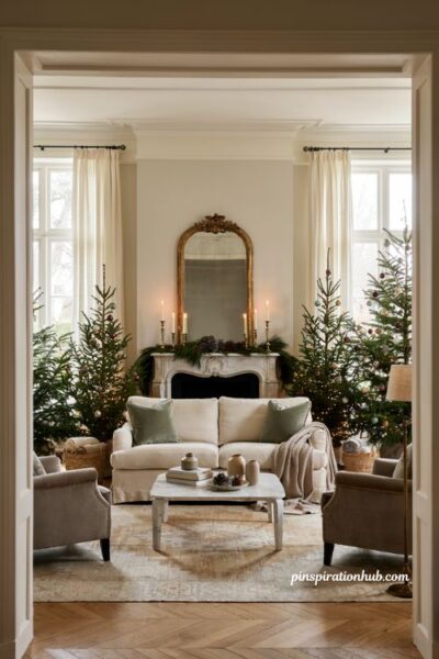 Elegant christmas living room with symmetrical mantel trees and classic holiday decor