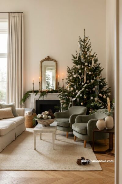 Elegant christmas living room with vintage mercury glass ornaments and timeless holiday decor